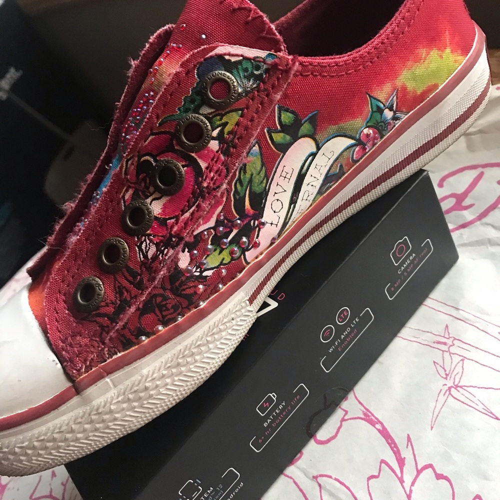Ed Hardy Red Multicolor Women Canvas Sneakers - Picture 2 of 9